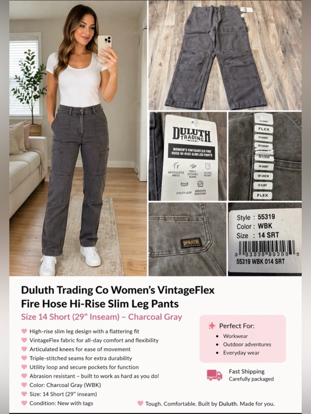 Duluth Trading Women VintageFlex Fire Hose Hi-Rise Straight 14 Short NWT